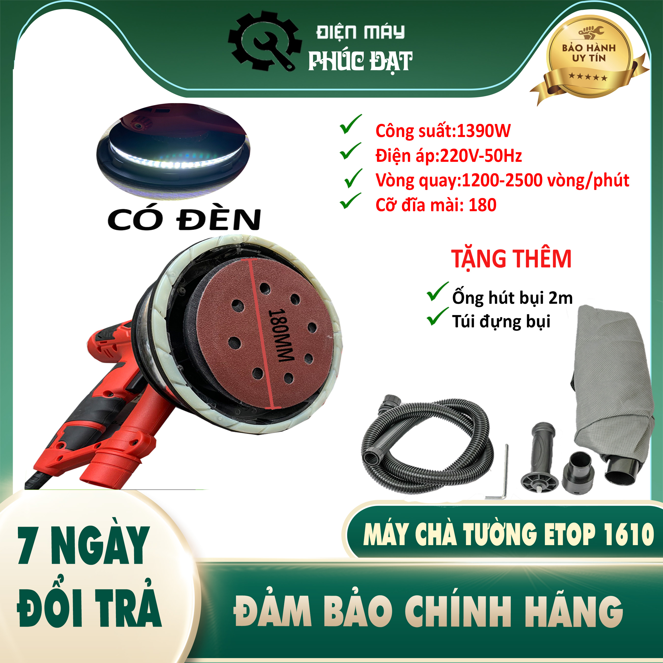 Chà tường chính hãng etop mod1610 công suất 1350w, đĩa mài 180mm, đèn led - bộ phụ kiện đầy đủ