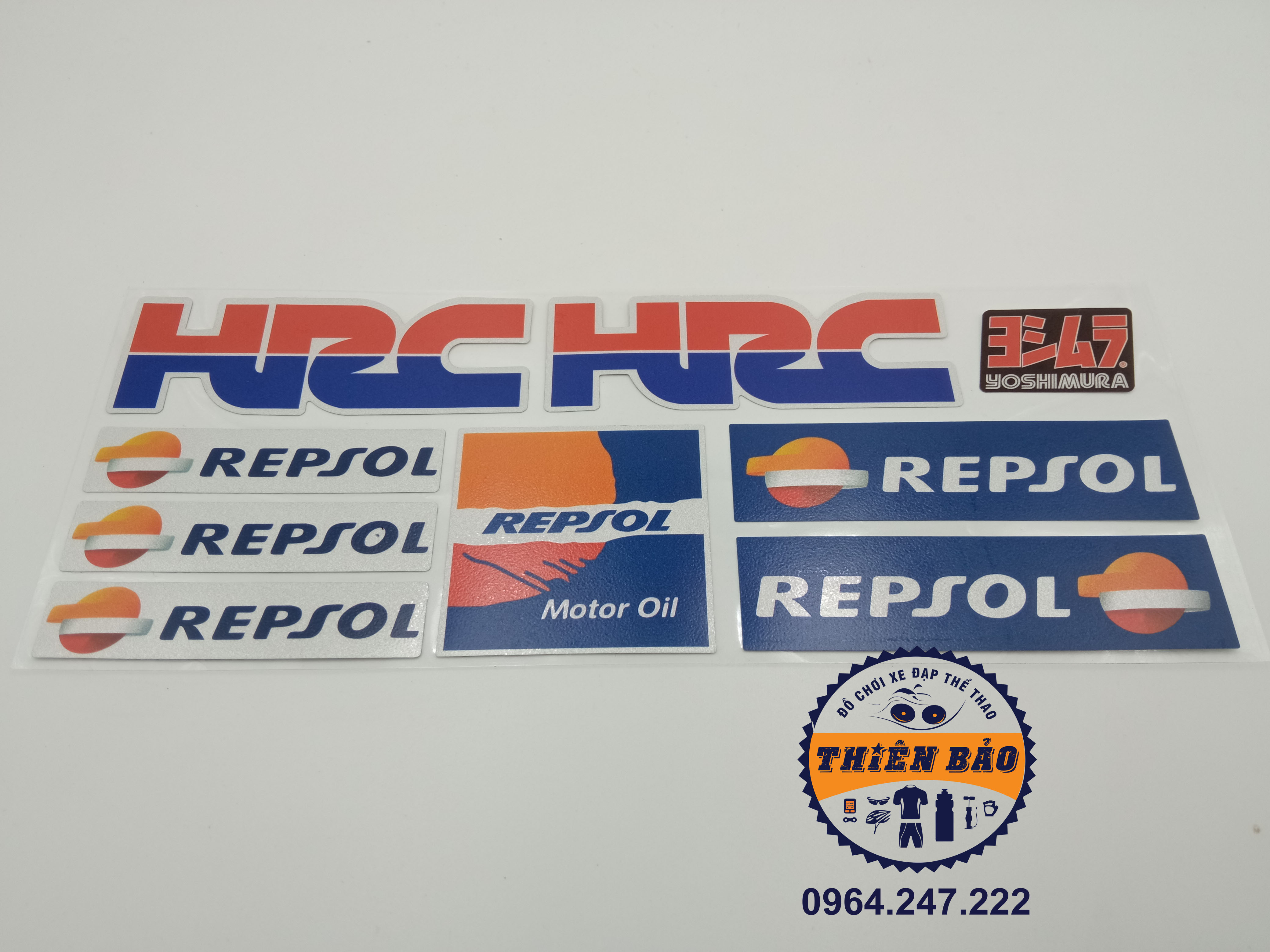 Combo 9 Decal dán xe máy, tem phuộc, logo dán xe nhiều loại HRC Repsol #224