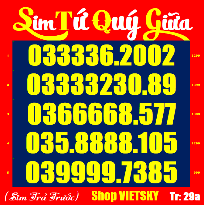 Sim viettel 3 phím, tứ quý giữa list 28a,29,29asim mới 100%, chưa đăng kí, sim viettel phủ sóng toàn quốc | vietsky