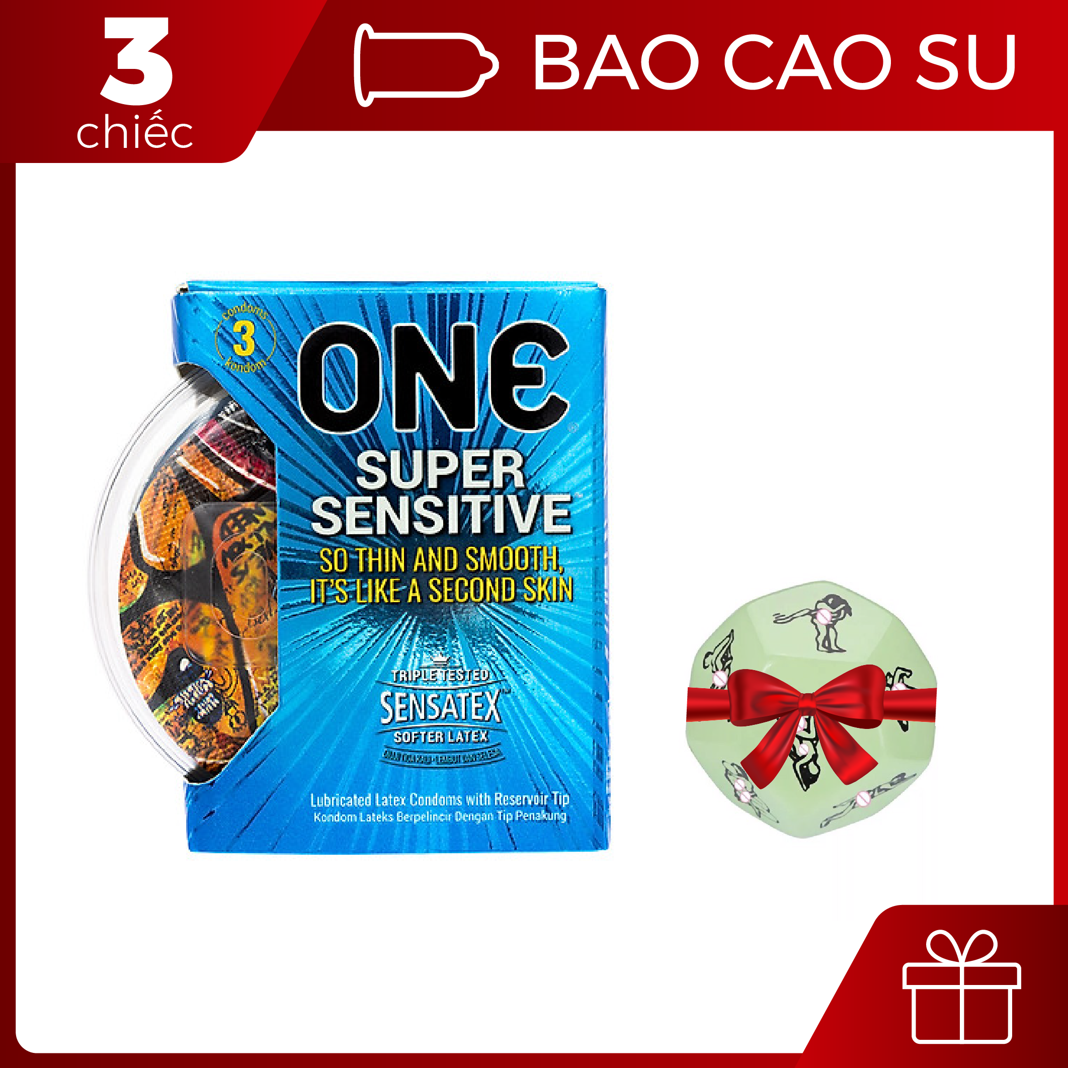 [HCM][QUÀ TẶNG XÍ NGẦU TÌNH YÊU] [BUY 1 GET 1 FREE] ONE SUPER SENSITIVE SO THIN AND SMOOTH/ Bao cao su ONE XANH DƯƠNG 3S/ ONE Bao cao su Super Sensitive TĂNG THÊM 50% CHẤT BÔI TRƠN Hộp 3 cái TẶNG KÈM XÍ NGẦU 12 TƯ THẾ YÊU - 1 SET