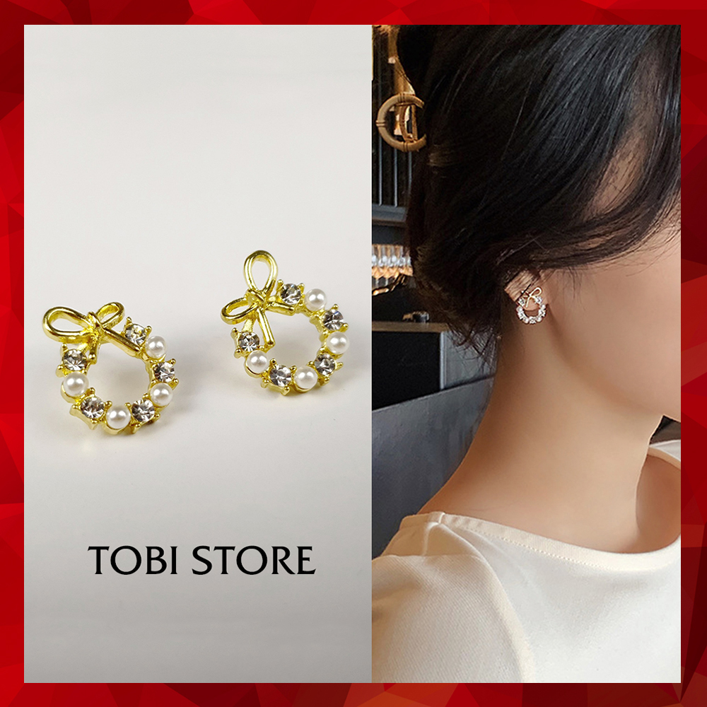 Bông tai nữ nơ nhỏ đính đá xinh xắn TOBI'SHOP khuyên tai tròn nhỏ xinh đơn giản nữ tính TB296