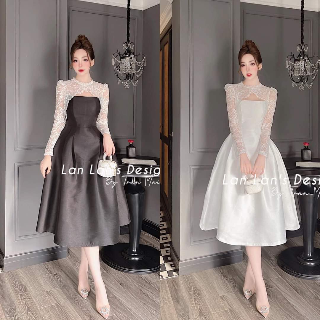 Đầm thiết kế dự tiệc, đầm dáng xòe chất tapta phối ren mềm cao cấp