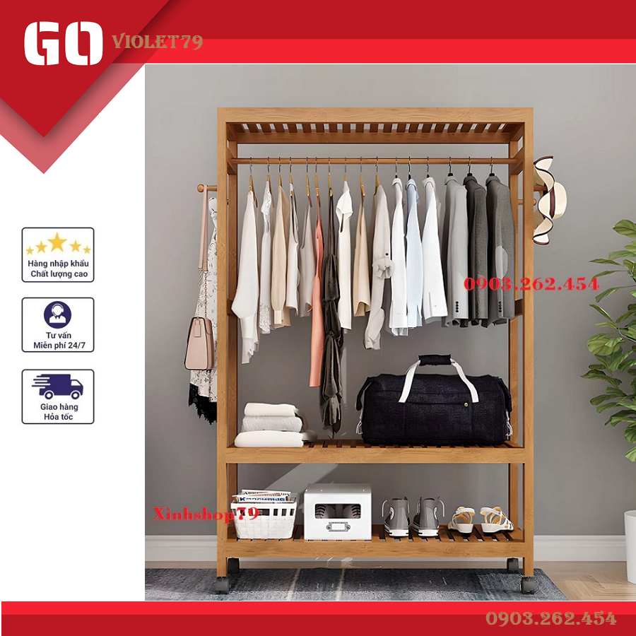 Tủ treo quần áo gỗ tre, kích thước 100x35x165cm, Cây treo quần áo, Giá treo quần áo, Kệ treo quần áo