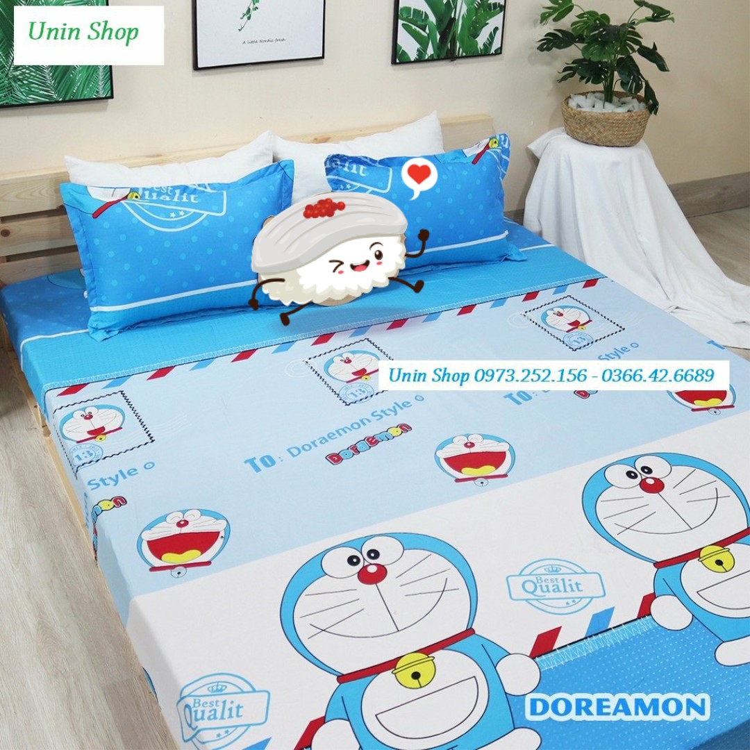 (Hot Trend) Ga bọc nệm, drap bo chun kích thước m6/m8 mẫu Doraemon (Đoremon) siêu đẹp chất Poly - Ga giường bọc bảo vệ đệm, kèm 2 vỏ gối