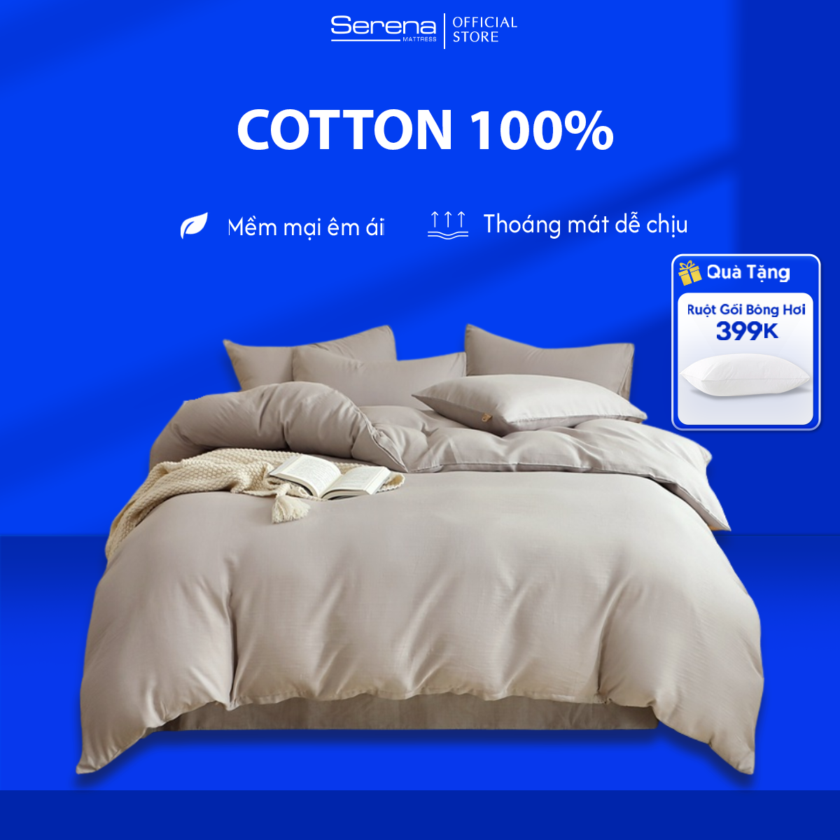 Set chăn ga gối cotton SERENA MATTRESS cao cấp Set bộ vỏ chăn ga ra drap grap gối nệm đệm 5 món phủ giường vải cotton 100%