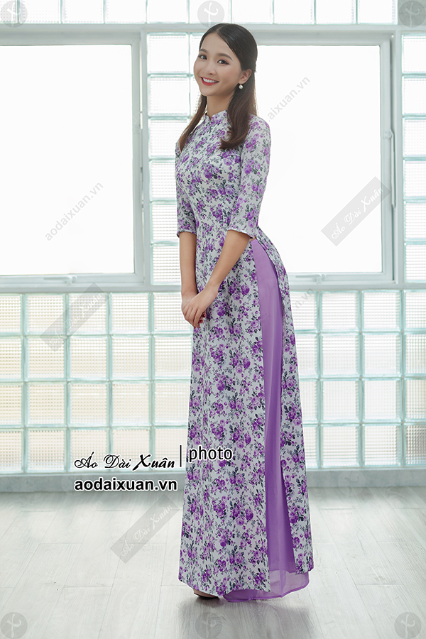 Áo dài lụa hoa nhí tím 200202