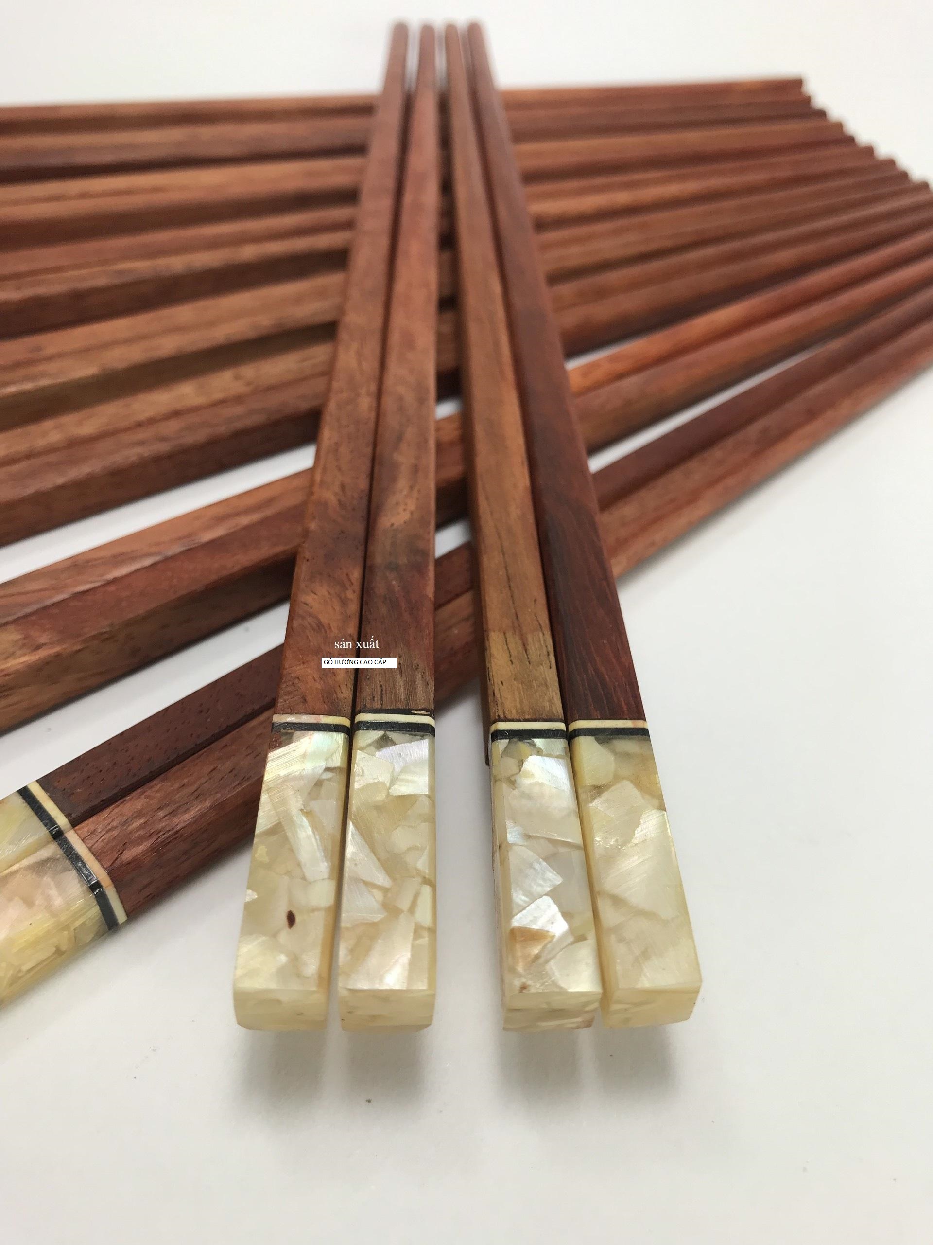 Bô 10 đôi đũa ăn gỗ CẢM LAI tự nhiên đầu vuông khảm trai cao cấp