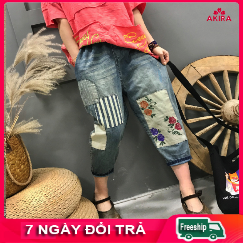 Quần jean nữ lửng eo lưng thun phối vải thêu hoa cao cấp thời trang phong cách Nhật Bản Akira Store