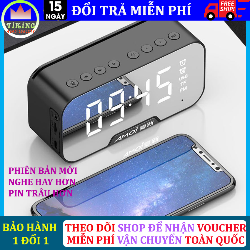 Loa bluetooth không dây màn hình led kiêm đồng hồ báo thức, làm đèn ngủ, đo nhiệt độ phòng với mặt kính tráng gương, pin trâu hỗ trợ dây AUX và thẻ nhớ