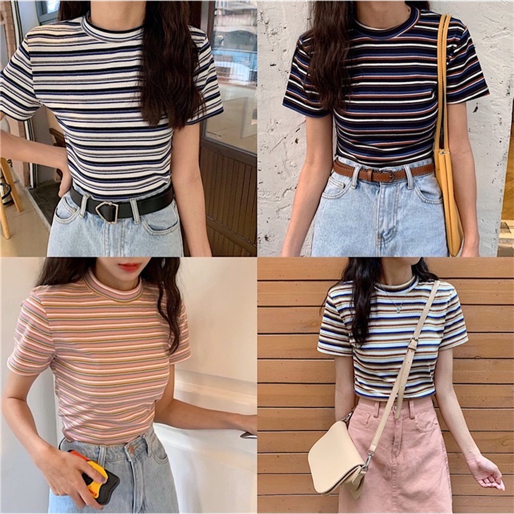 [HCM]Áo thun ngắn tay/ áo phông kẻ cổ tròn dáng ôm body nhiều màu freesize dễ mix đồ