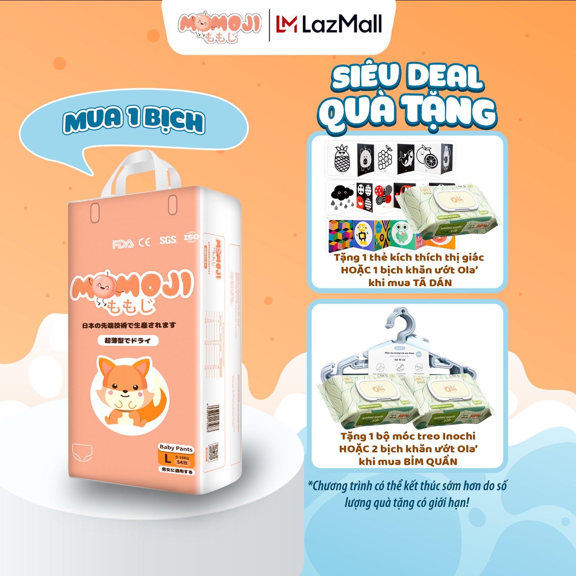 Tã bỉm dán/quần momoji siêu thấm hút nb64/s60 /m56/l54/xl50/xxl48