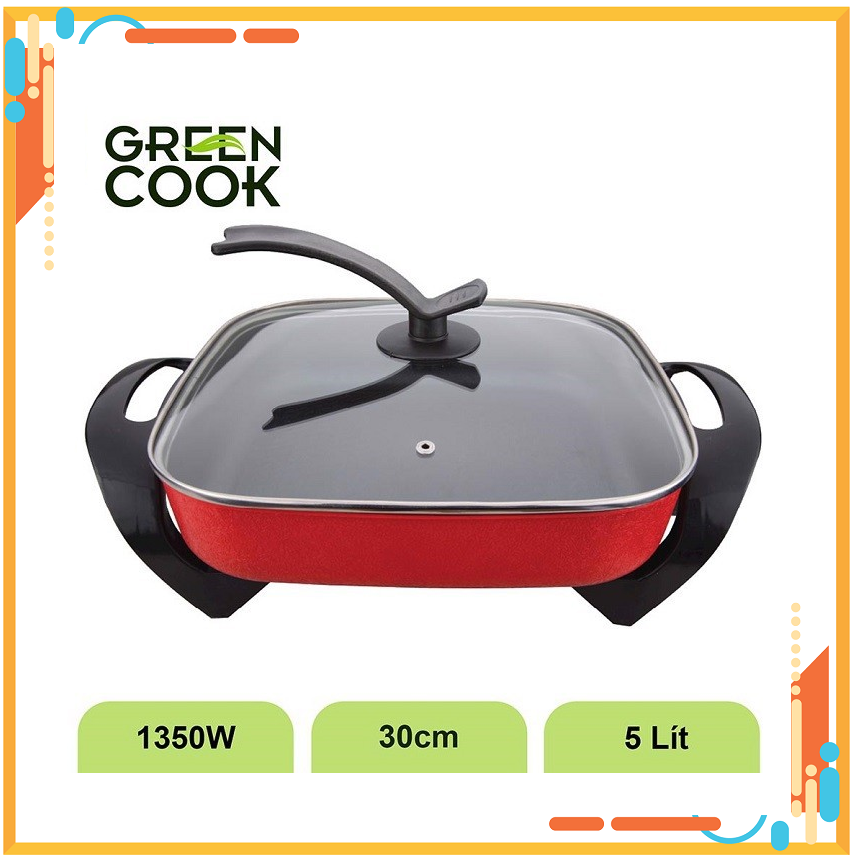 Nồi lẩu điện vuông nguyên khối chống dính greencook gceh30 - 5.0 lít công suất 1350w