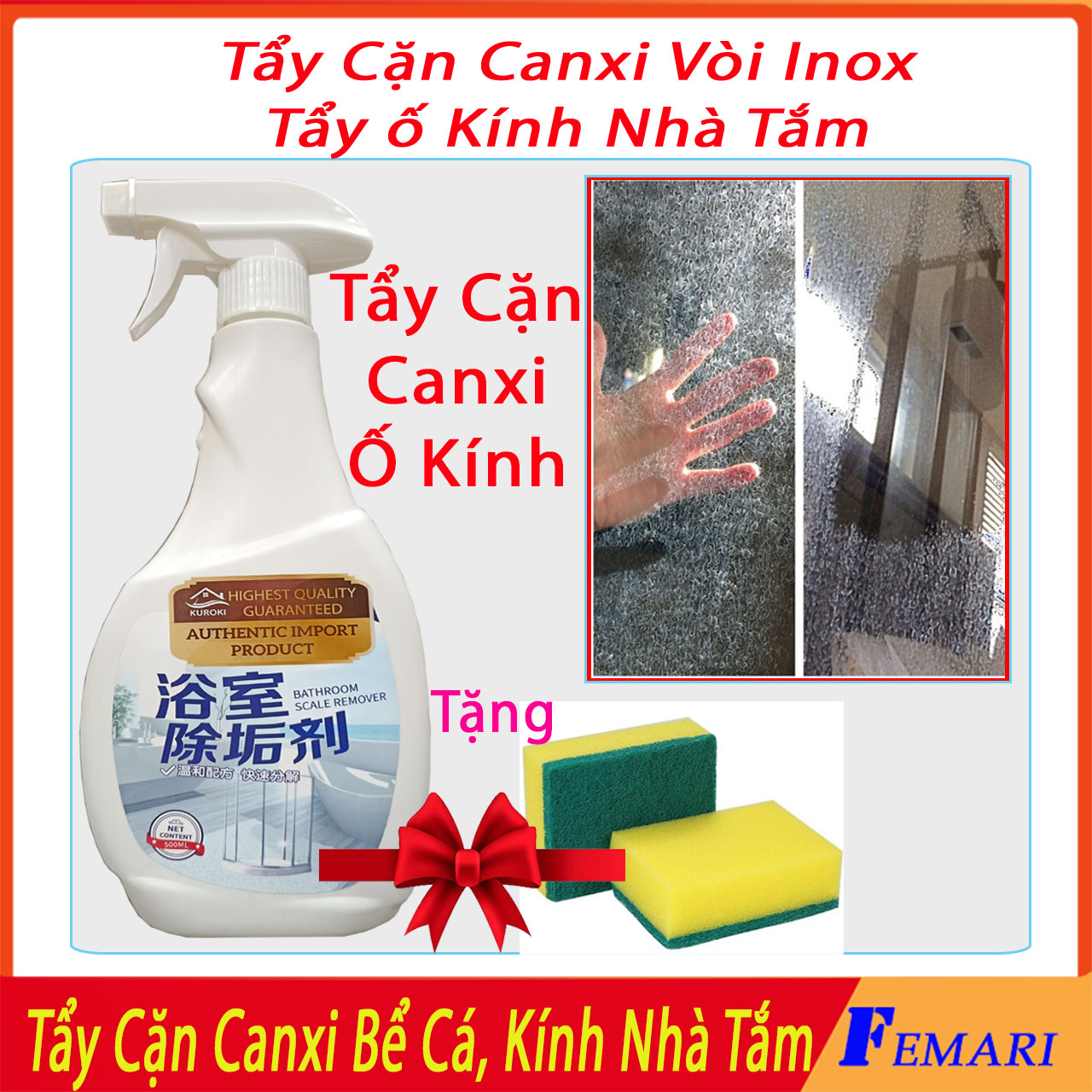 [ Siêu Sạch ] Tẩy Cặn Canxi Gương Nhà Tắm - Chai Xịt Làm Sạch Vòi Rửa, Sen - Tẩy Cặn Canxi Vách Kính, Gương, Bể Cá - Tẩy Trắng Bồn Rửa FEMARI