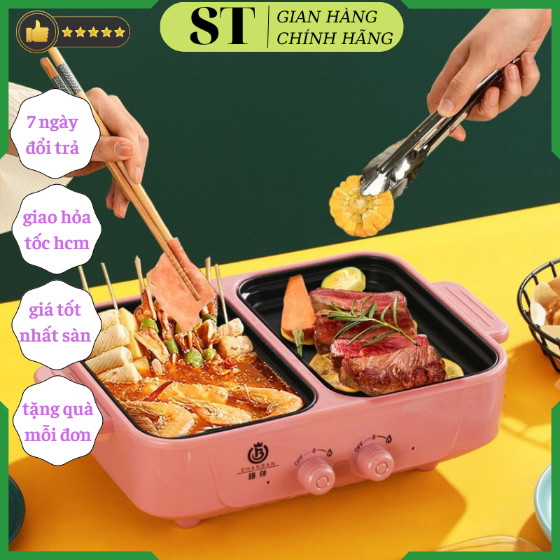 Bếp lẩu nướng 2 ngăn đa năng shanban 2in1 mẫu mới 2023 - bếp điện nướng và lẩu 2in1 bbq - bề mặt chống dính, noilau