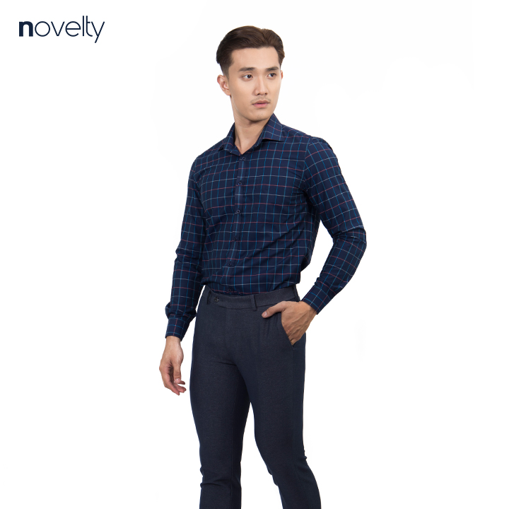 Áo sơ mi nam dài tay novelty xanh đen caro nsmmclmbpr200146d