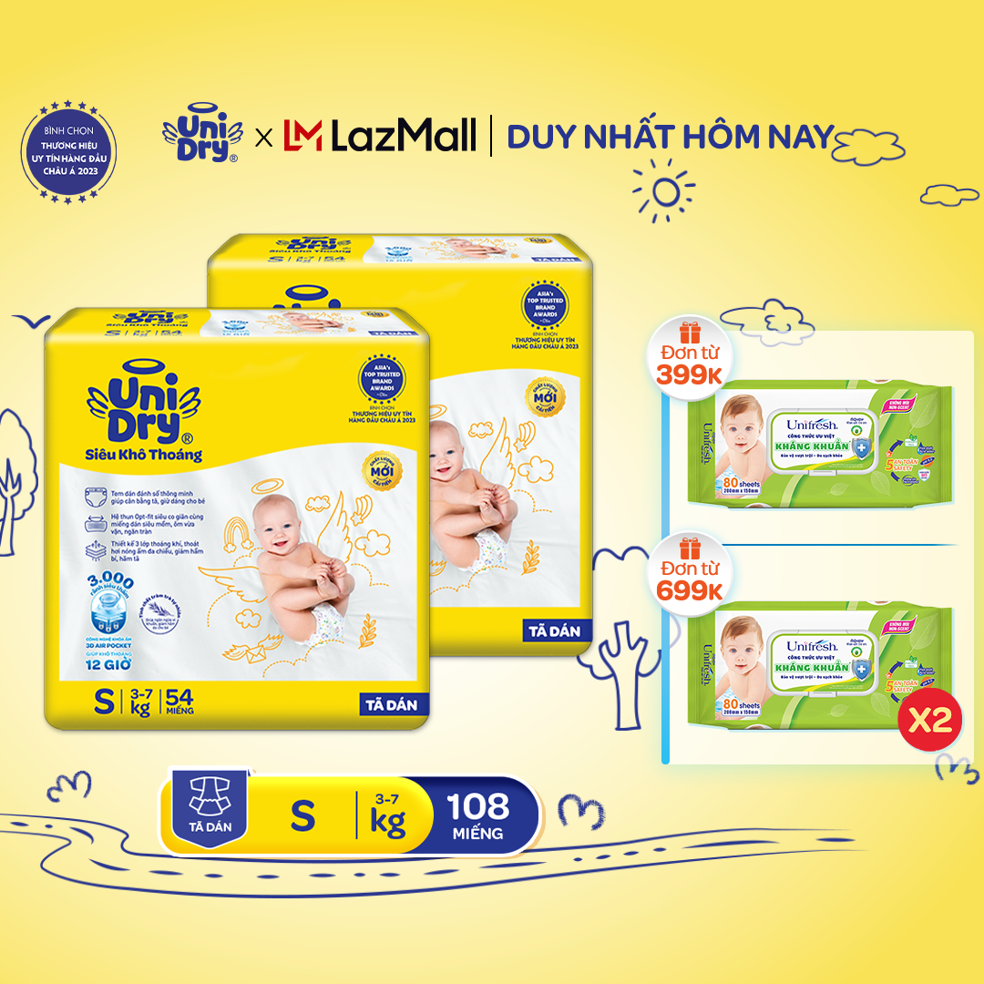 Combo 2 Tã dán UniDry Siêu khô thoáng gói Jumbo mới size S54