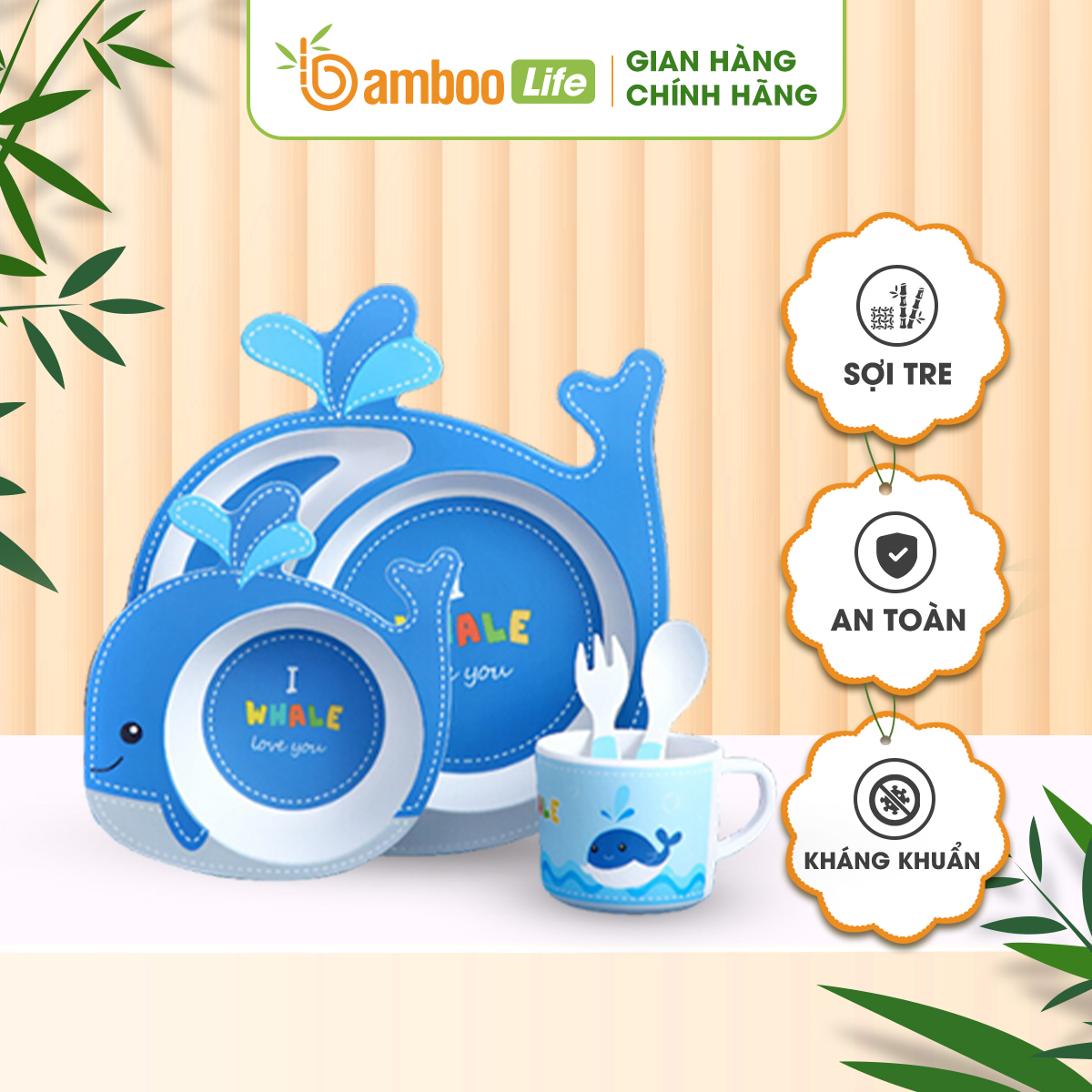 Bát chén ăn dặm sợi tre Bamboo Life BL035 cho bé ăn dặm tự chỉ huy BLW hình thú set ăn dặm cho bé cao cấp 5 chi tiết gồm khay, bát, cốc, thìa, dĩa cute