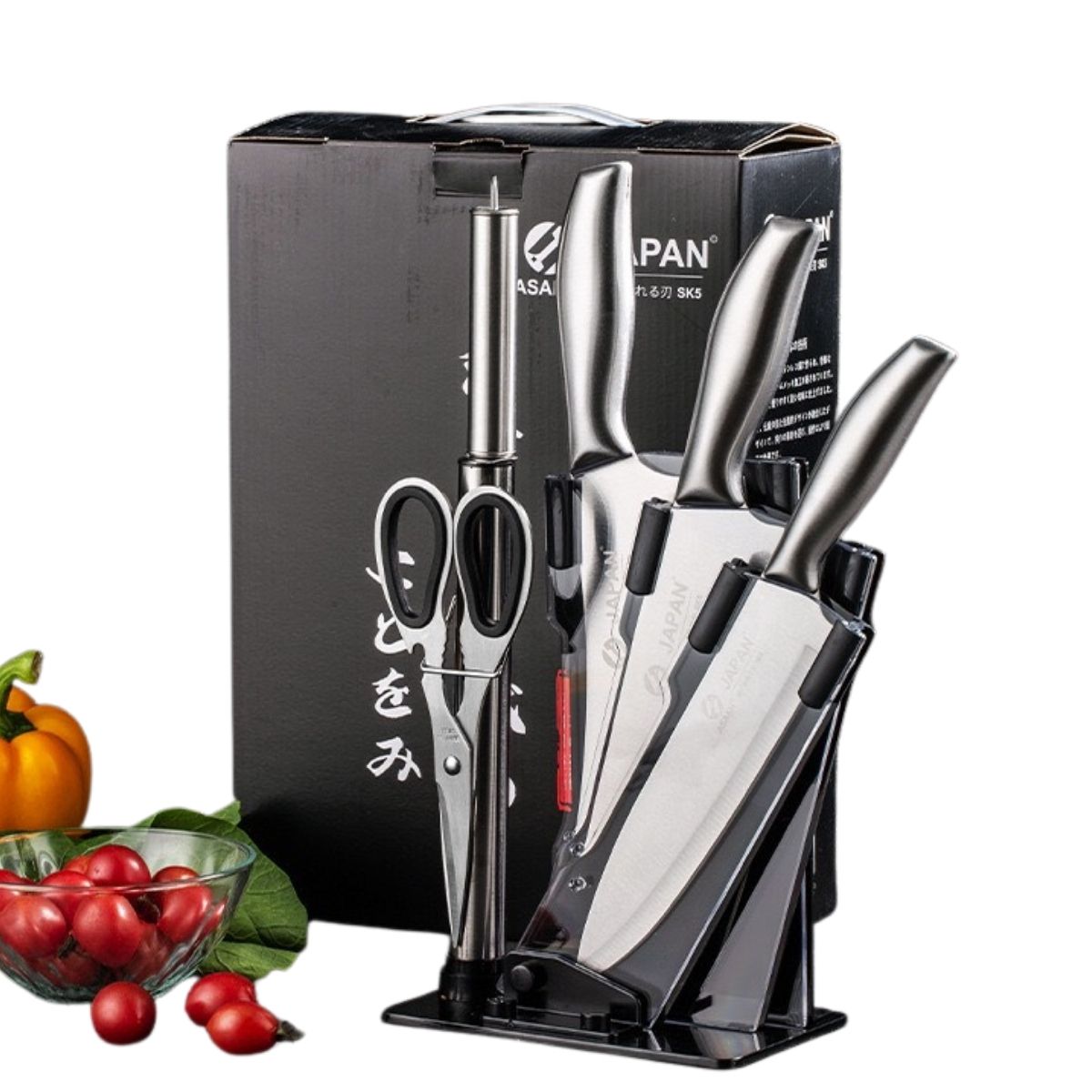 Bộ dao Inox Nhật 6 món cao cấp, Dao làm bếp Nhật Bản kèm khay tiện dụng, Chống rỉ cứng cáp siêu sắc bén