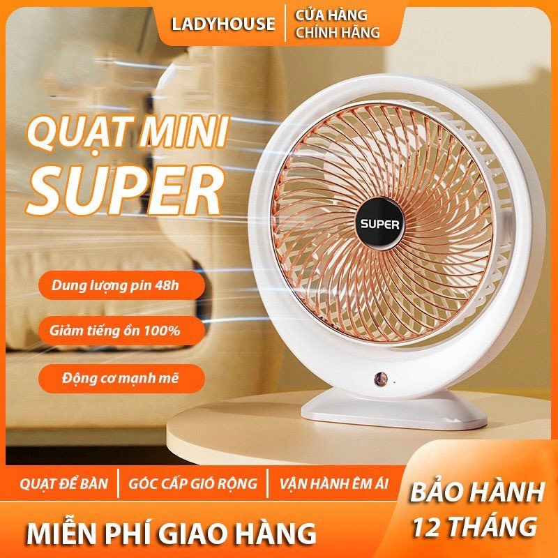 Quạt mini để bàn, quạt tích điện, quạt cầm tay chính hãng SUPER, động cơ không tiếng ồn, Pin khủng - Bảo Hành 12 Tháng