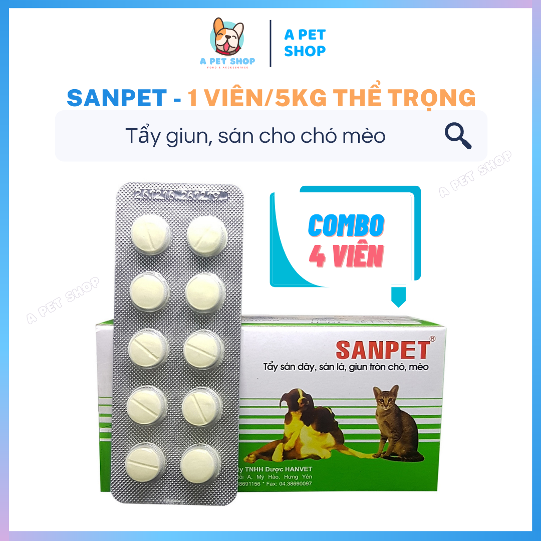 4 Viên Tẩy Giun Sán Chó Mèo Sanpet Hanvet 1viên/5Kg Thể Trọng - A Pet Shop