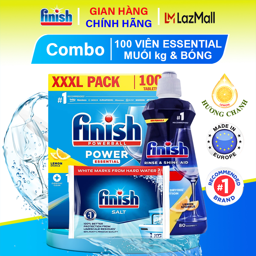 Combo sạch và tiết kiệm gồm hộp 100 viên rửa bát Finish Powerball Power Essential hương chanh, Muối