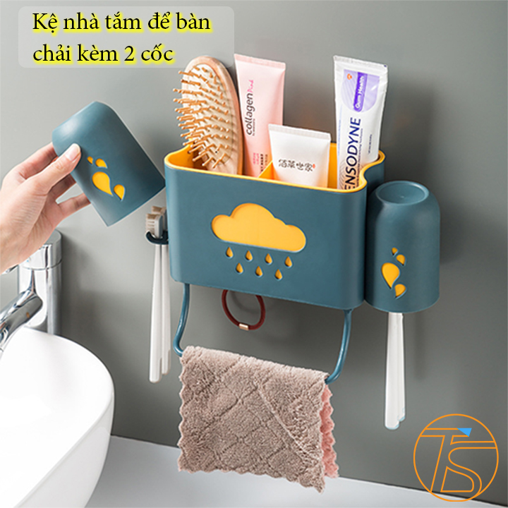 Kệ nhà tắm đa năng hình đám mây mưa kèm 2 cốc treo 4 bàn chải đánh răng có 2 học ngăn để dầu gội, sữa tắm - Kệ phòng tắm có móc treo bông tắm máng khăn - Đồ dùng nhà vệ sinh - Kệ nhà bếp đũa muỗng