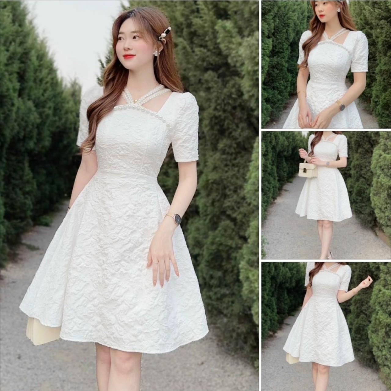 Đầm cổ v chất gấm đính cườm đẹp quý phái cho các chị em thời trang 777fashion