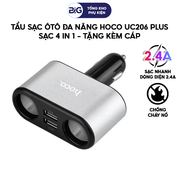 Tẩu sạc nhanh ôtô 4 cổng hoco uc206 plus, cốc sạc 4in1, 2 cổng usb, 2 cổng chia trên ô tô xe hơi - hàng chính hãng