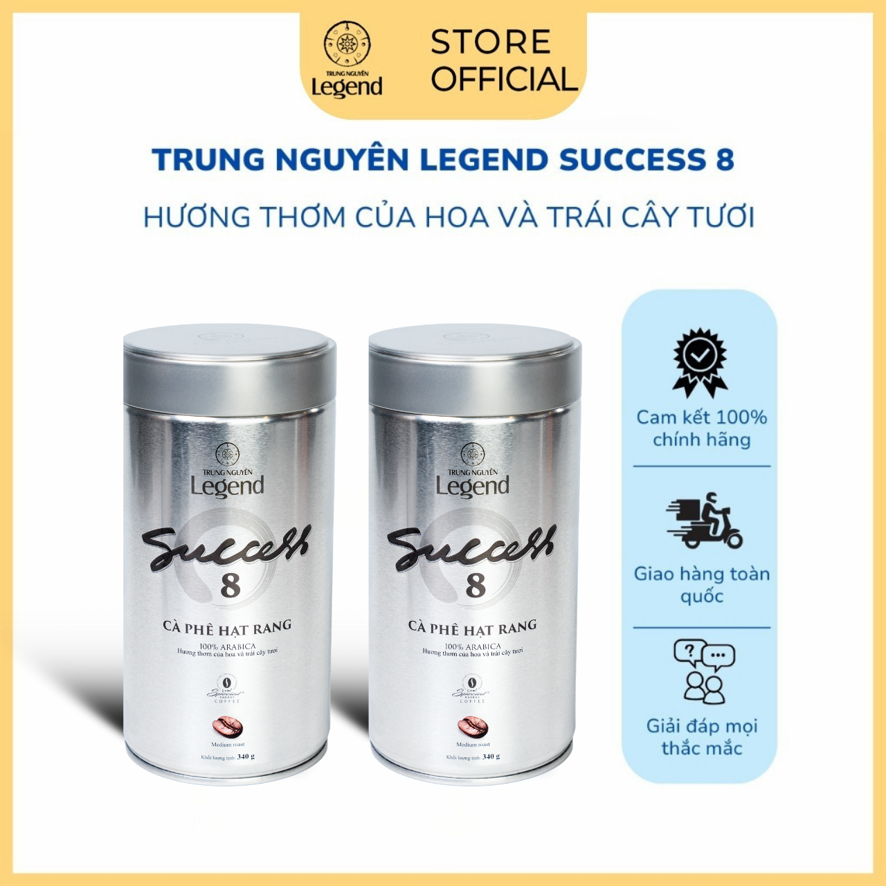 [COMBO 2 Lon] Trung Nguyên Legend Cà Phê Pha Máy Hạt Mộc Success 8 – Lon 340gr – 100% Arabica, Hương Hoa Trái Cây Tươi