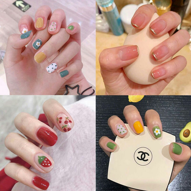 Set 24 Móng Tay Giả Chống Thấm Nước Họa Tiết Dễ Thương kèm keo