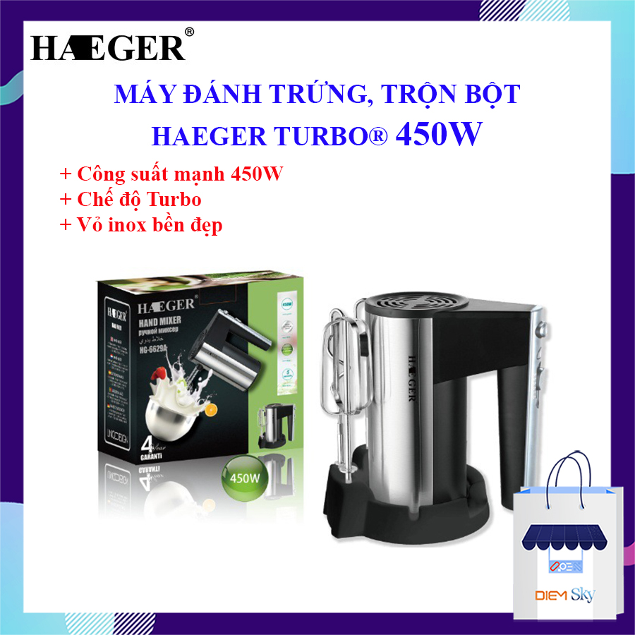 Máy đánh trứng trộn bột HAEGER Turbo 700W công suất lớn siêu khỏe, 5 tốc độ. Máy đánh trứng, nhồi bột làm bánh, trộn kem đa năng... bảo hành 12 tháng
