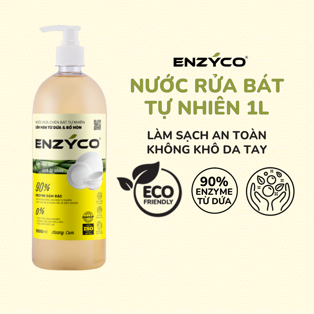 Nước rửa bát sinh học ENZYCO chai 1L - 90% Enzyme từ dứa giúp làm sạch mạnh mẽ, diệt khuẩn, bảo vệ da tay, phù hợp người viêm da cơ địa - Hương cam