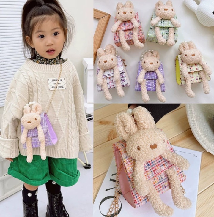 Túi dạ quai ngọc đính thỏ bông cho bé siêu sang chảnh