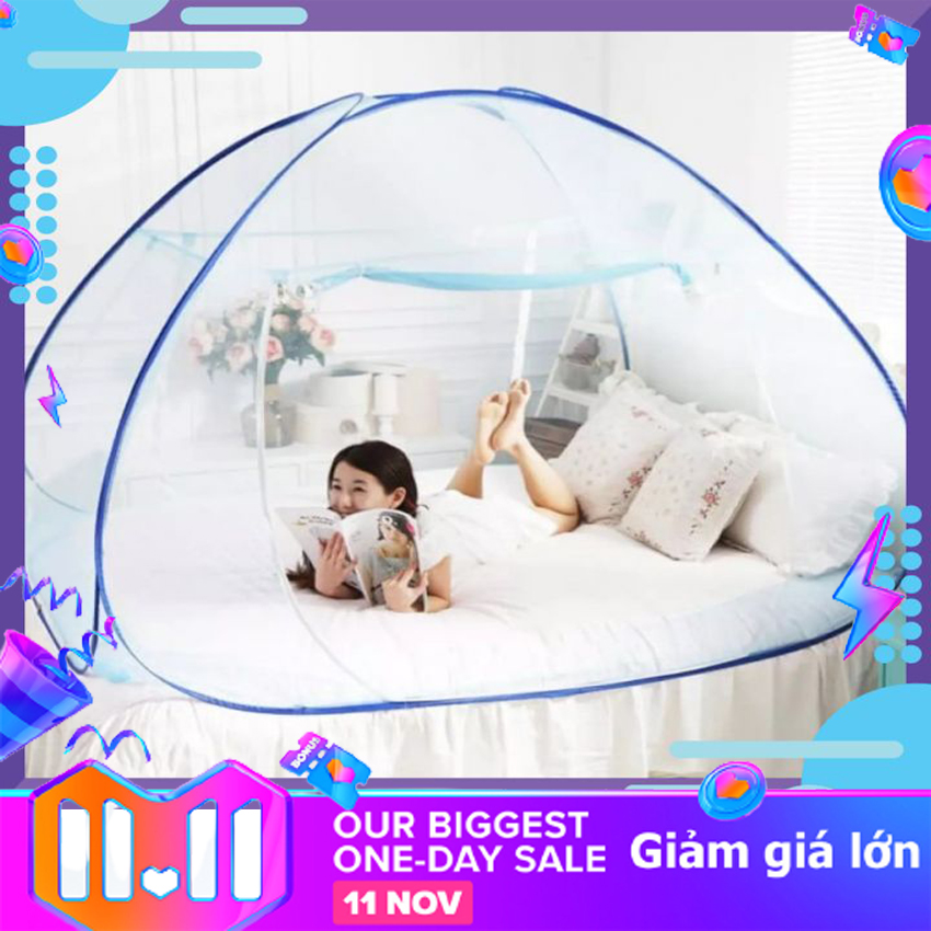 Mùng ngủ chụp thông minh 1m8x2m, màn chụp tự bung, mùng xếp gấp gọn tiện lợi.