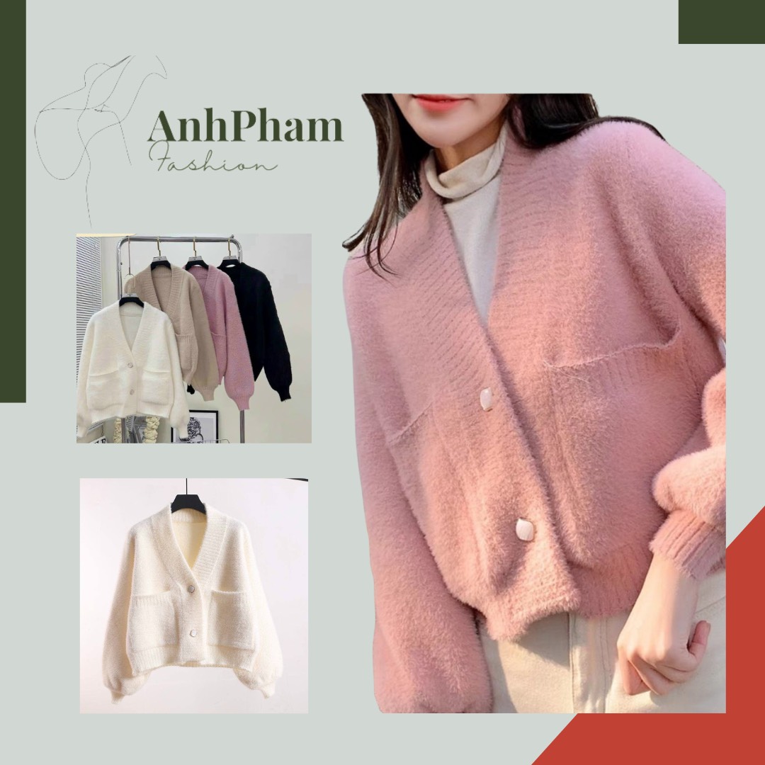 Áo khoác cardigan len lông khuy ngọc vuông Hàng QCCC