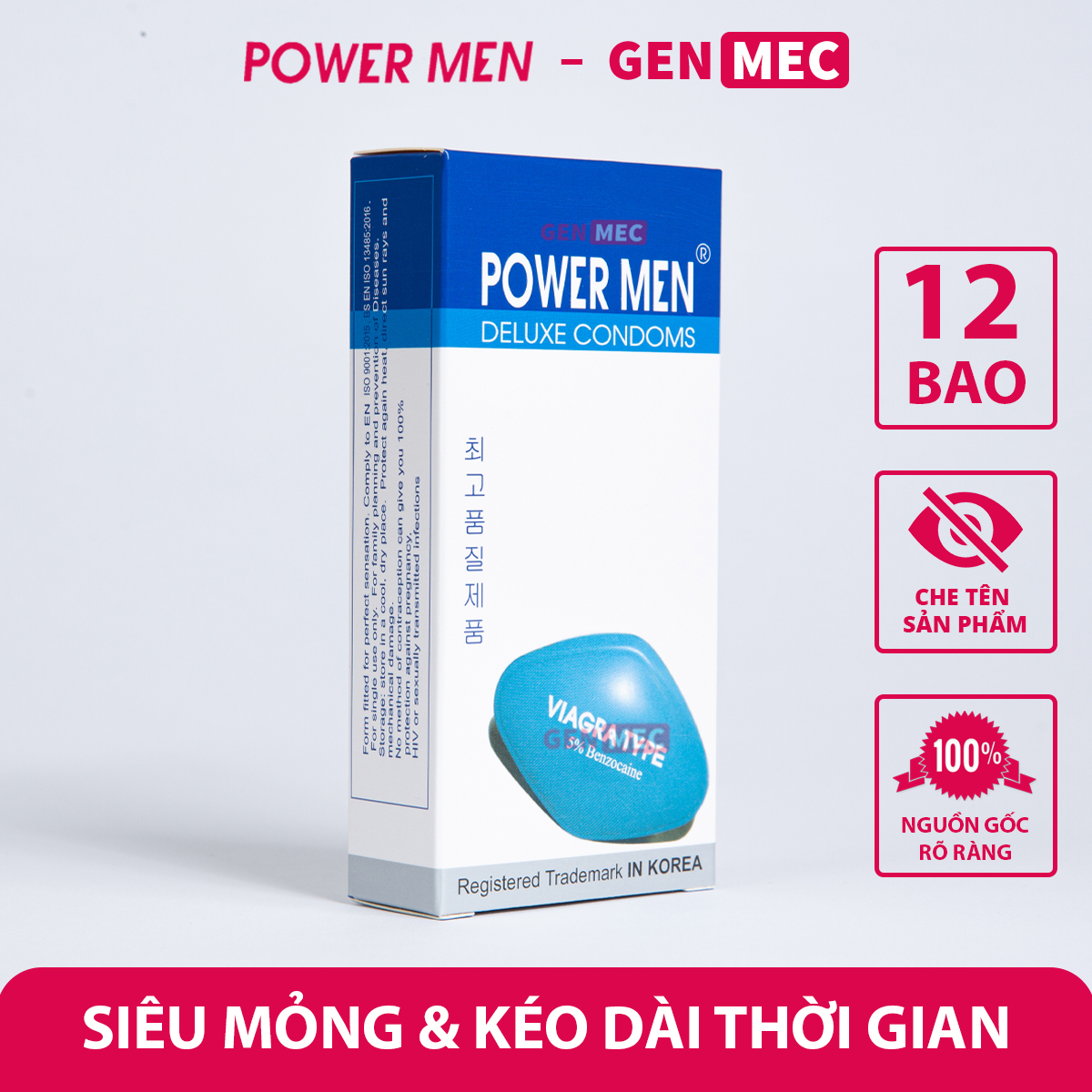 Bao cao su siêu mỏng power men - kéo dài thời gian - bcs power men viagra type hộp 12 bao - genmec