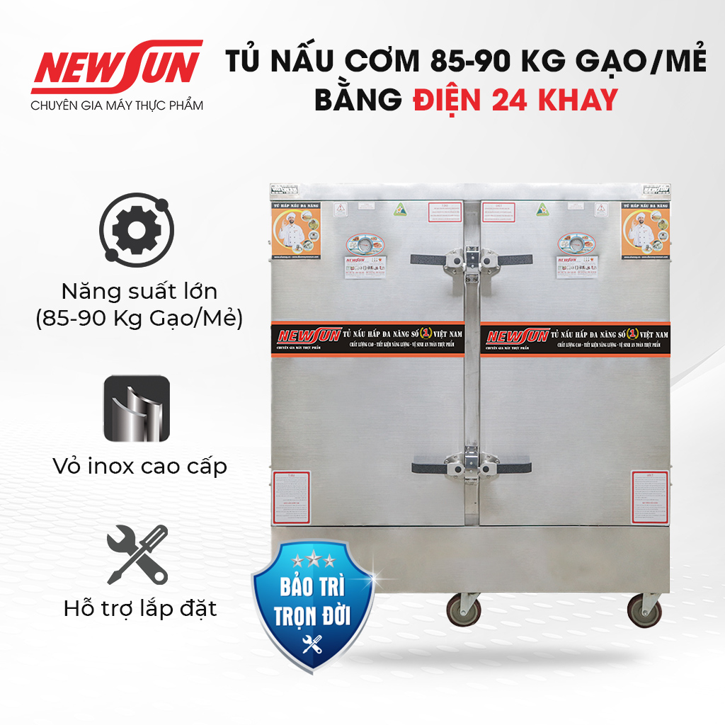Tủ nấu cơm 85-90 kg gạo/mẻ bằng điện newsun 24 khay việt nam - không bảng điều khiển - hàng chính hãng