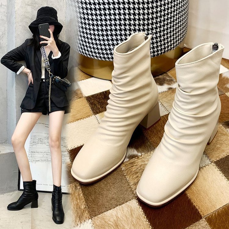 Bốt cao cổ, boot nữ nhăn da lì khóa sau đế 5cm bên trong lót nỉ