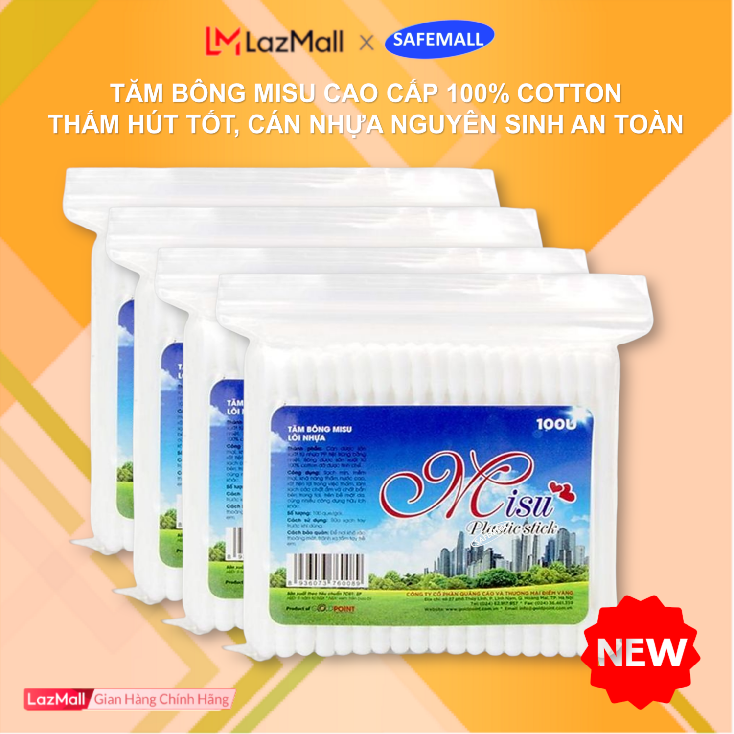 Bộ 10 gói Tăm bông Misu gói 100 que người lớn cán nhựa nguyên sinh cao cấp, Tăm bông Misu đa công dụng vệ sinh, trang điểm..., Tăm bông ráy tai người lớn 100% cotton buds - Hàng Chính Hãng Safety Mart Official