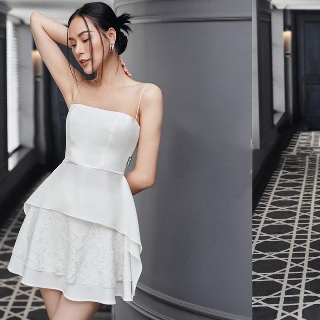 Đầm midi trắng 2s dáng xòe
