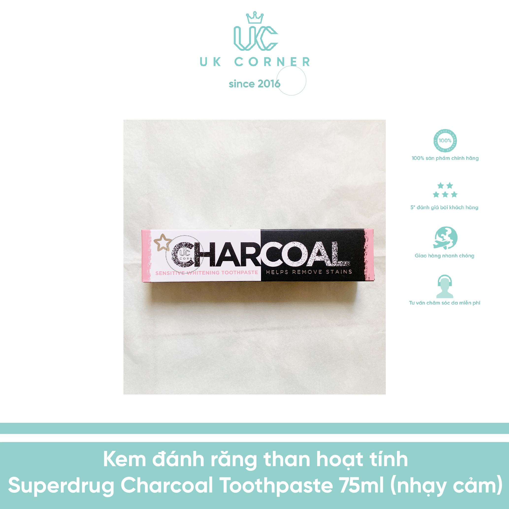 Kem đánh răng than hoạt tính Superdrug Charcoal Toothpaste - Hồng 75ml