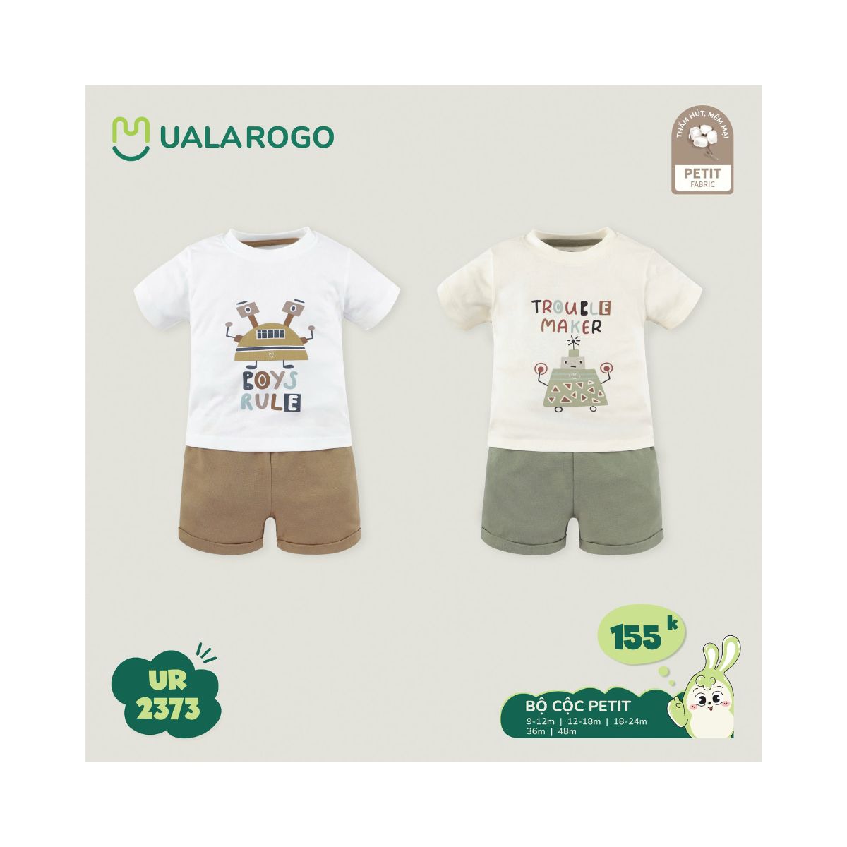 Bộ cộc tay cho bé Ualarogo 9 tháng - 4 tuổi vải Petit mềm mịn co giãn thoáng khí 2373