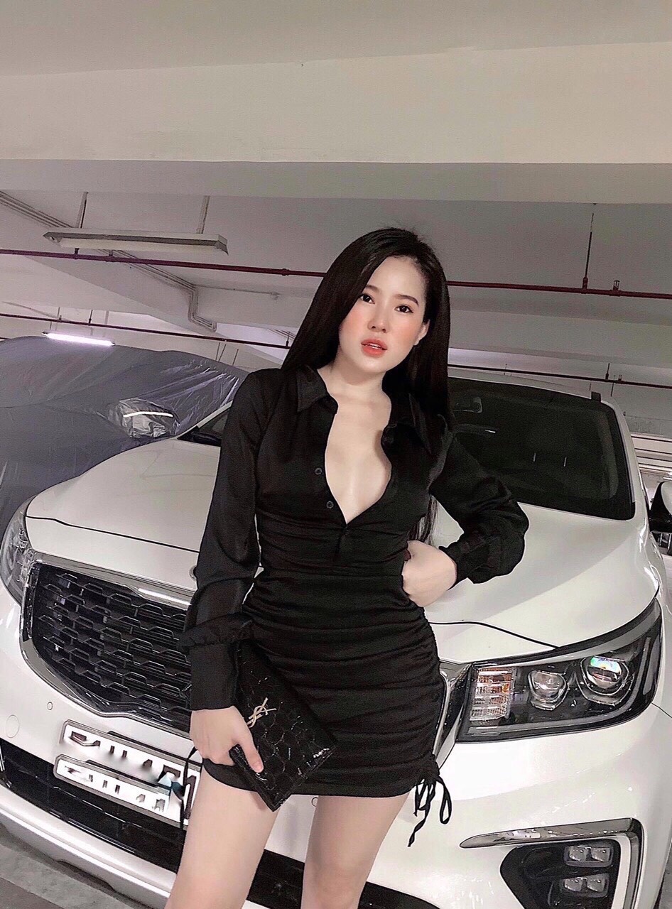 Đầm nữ dự tiệc body nhúm hông cổ sơ mi vải lua satin