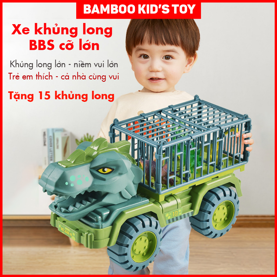 Đồ chơi xe ô tô chở khủng long BBS cỡ lớn trẻ em, bộ đồ chơi khủng long tặng 15 khủng long, 1 trứng, 1 cây đi kèm
