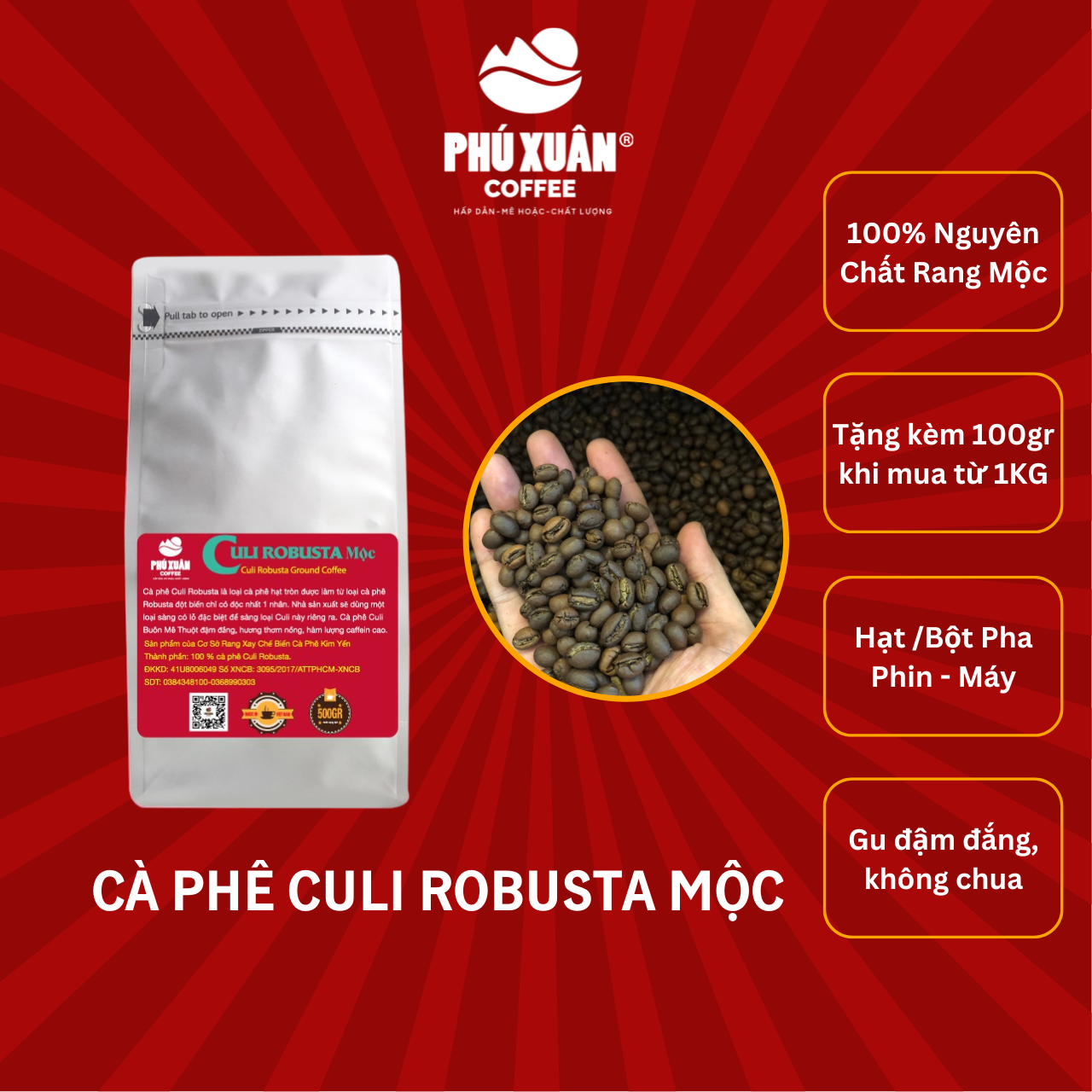 Cà phê rang xay nguyên chất Culi Robusta dùng pha phin pha máy vị đậm đắng, mạnh, hậu ngọt - Phú Xuân Coffee - cafe rang xay dạng hạt dạng bột