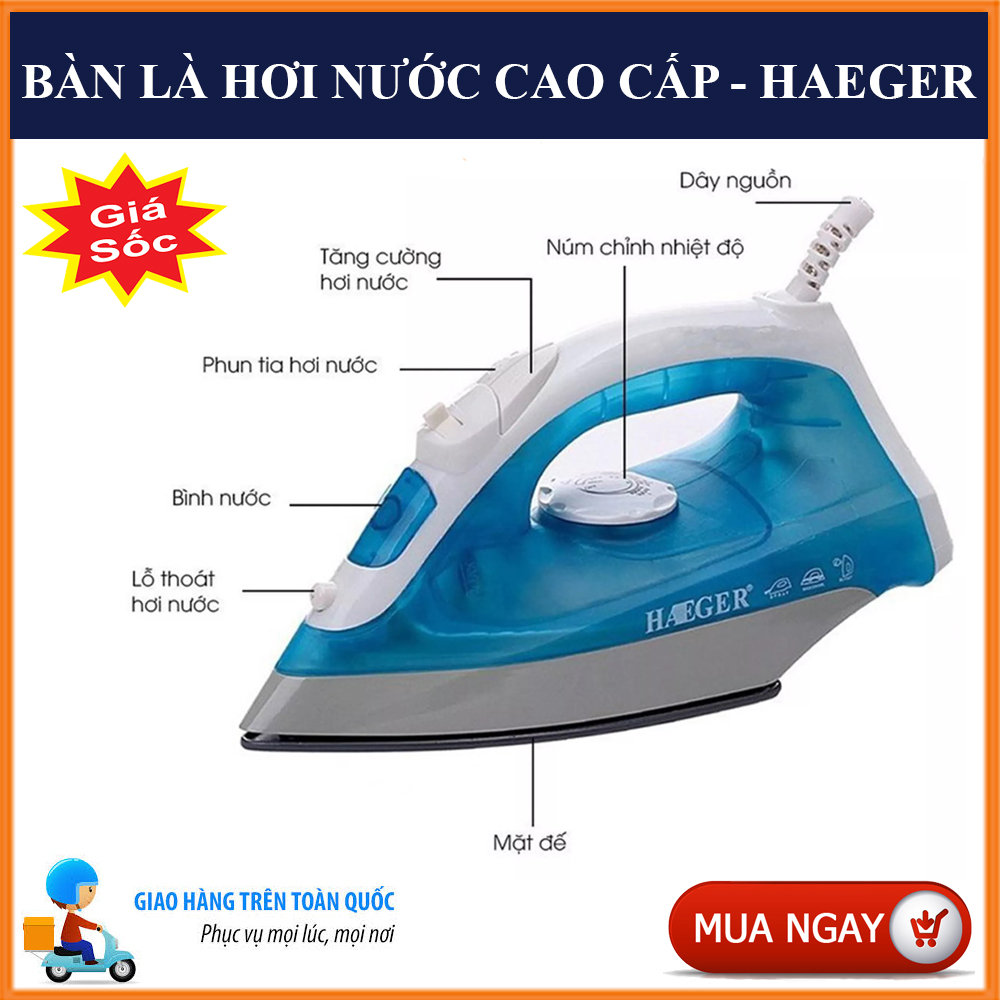 Bàn Ủi  Hơi Nước, Bàn Là Hơi Nước Haeger Cao Cấp, Bàn Là Loại Tốt.Thiết Kế Nhỏ Gọn, Công Suất 1200W, Hoạt Động Với 2 Chế Độ: Phun Sương Và Phun Hơi. Mặt Đế Chống Dính Lướt Êm Ái Trên Bề Mặt Vải. Giá Sốc, Mua Ngay!!