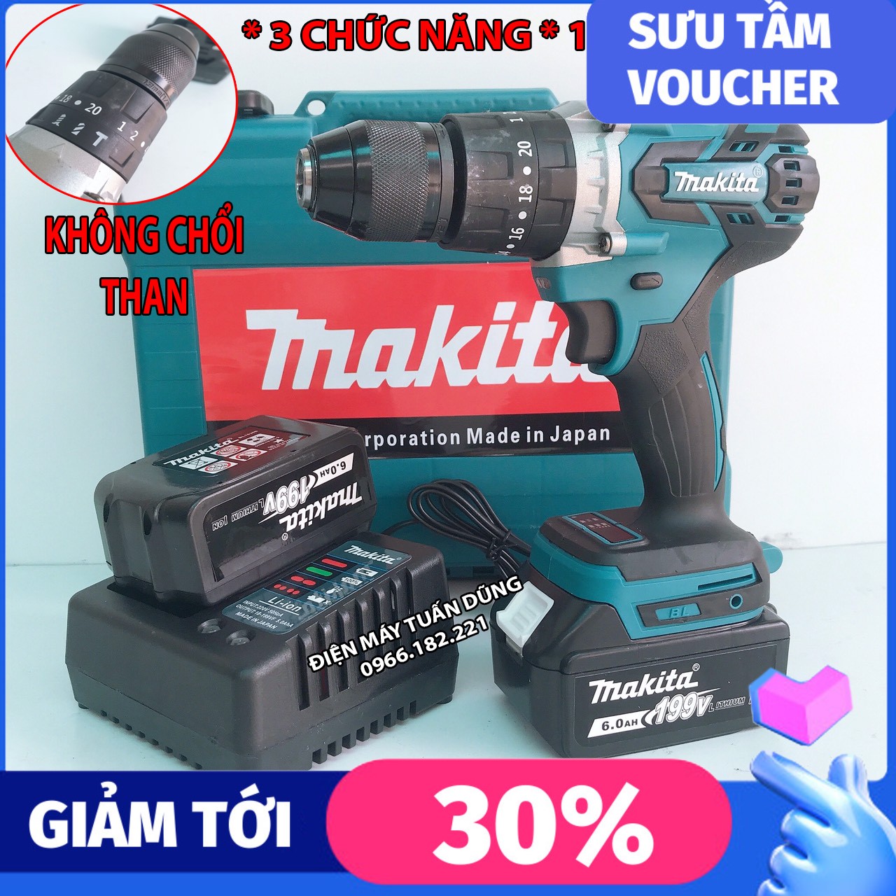 Máy khoan cầm tay pin Makita 199V Bộ dụng cụ cần thiết cho gia đình