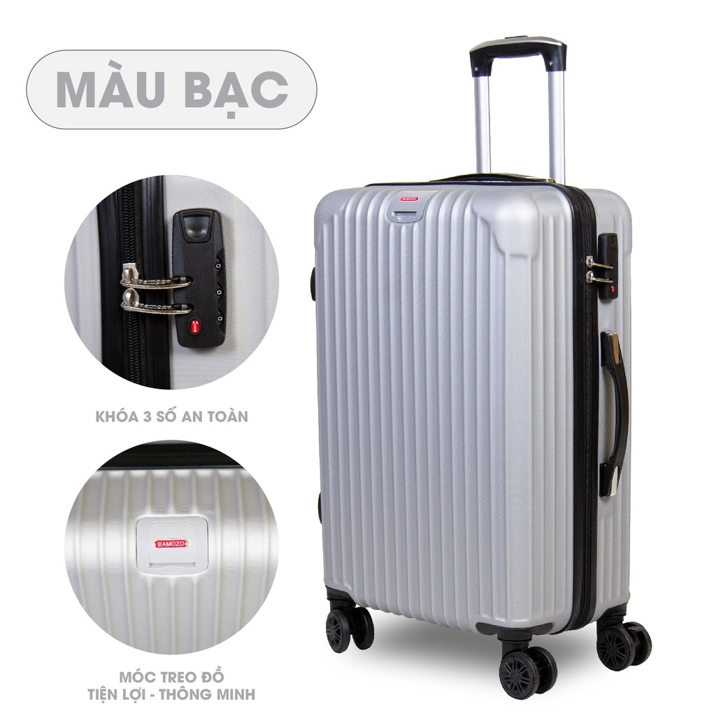 Vali Kéo Nhựa Du Lịch Size 20 Inch Cao Cấp Giá Rẻ Bền Đẹp Chống Va Đập Trầy Xước Bamozo 8801 Màu Bạc