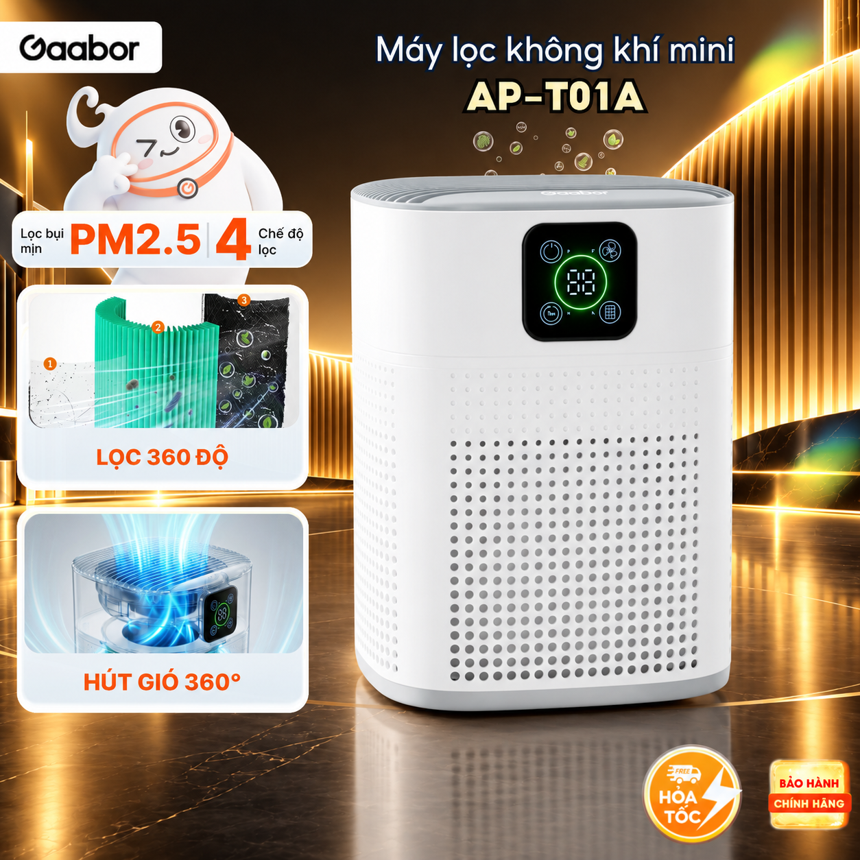 Máy lọc không khí để bàn mini Gaabor AP-T01A lọc bụi mịn PM2.5 hẹn giờ đến 9H diện tích dưới 20m2 - Bảo hành 12 tháng 1 đổi 1