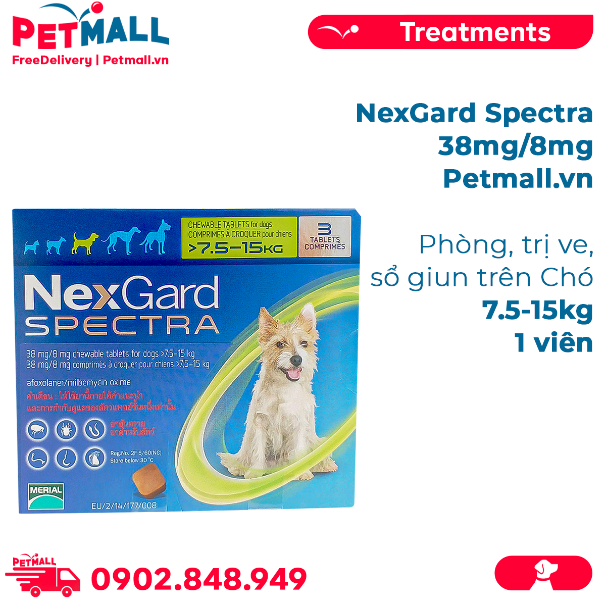 NexGard Spectra 38mg/8mg Phòng trị ve sổ giun trên Chó 7.5-15kg - 1viên Petmall